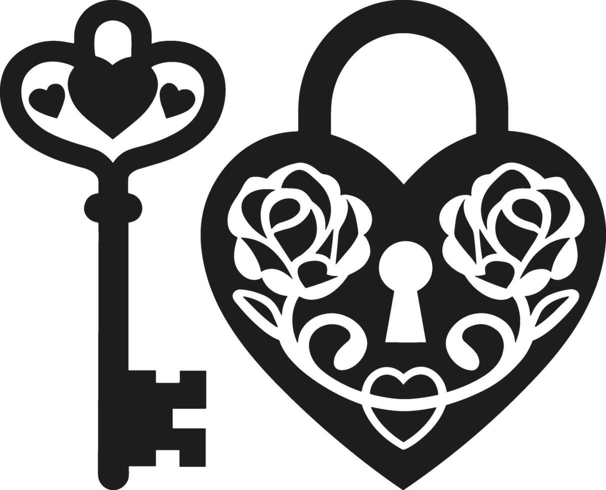 Romantic Heart Lock and Key with Floral and Decorative Patterns for Valentine's Day Designs vector