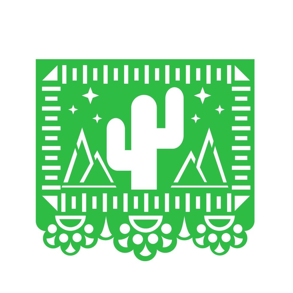 Mexican decorative papel picado garland with ornaments, cacti and mountains vector