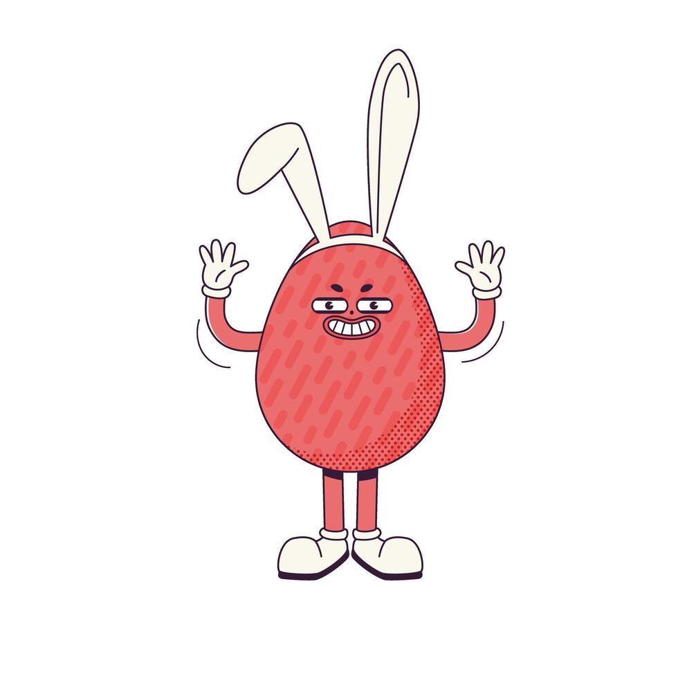 Groovy Retro cartoon character easter egg with bunny ears. Flat illustration of standing character wearing gloves vector