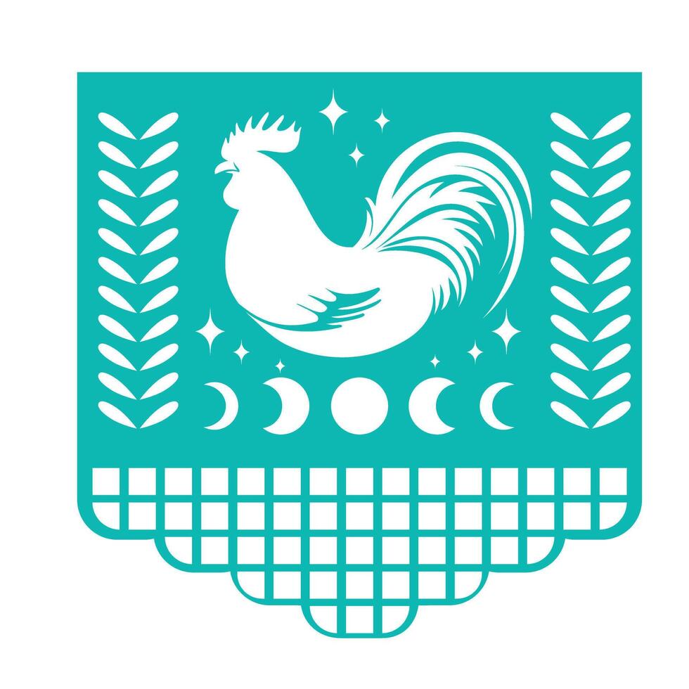 Mexican decorative papel picado garland with ornament, moon and rooster vector