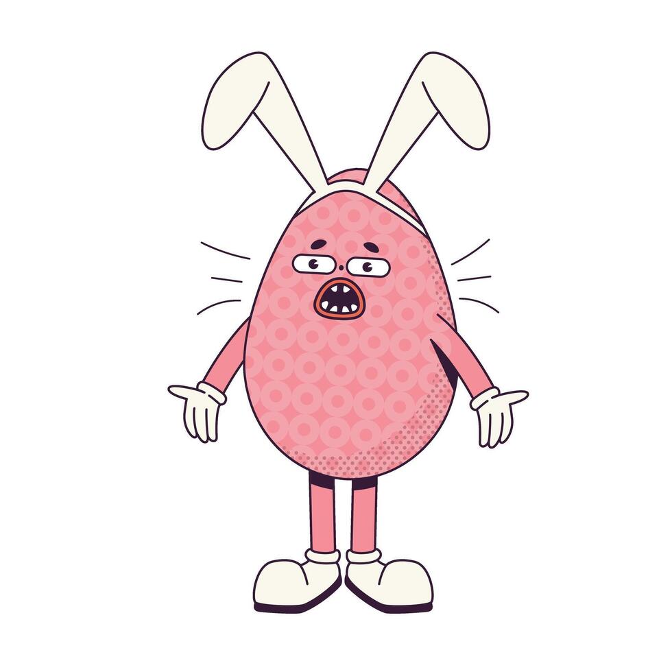 Groovy Retro cartoon character easter egg with bunny ears. Flat illustration of a surprised character wearing gloves vector