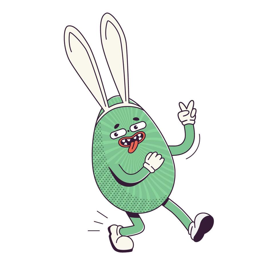 Groovy Retro character easter egg with bunny ears. Flat illustration of a walking character wearing gloves vector