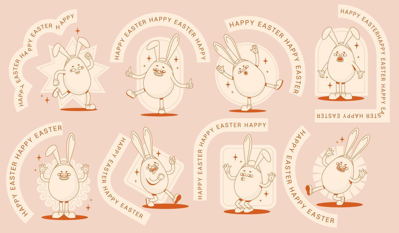 Set of stickers with monochrome groovy retro Easter egg wearing glove characters in different poses and emotions.Flat vintage shapes and ribbons saying happy Easter vector