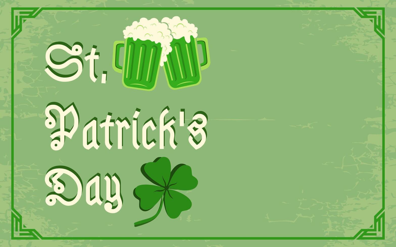 Vintage poster with clover and beer for Patrick's day. Green clover and two beer mugs. vector