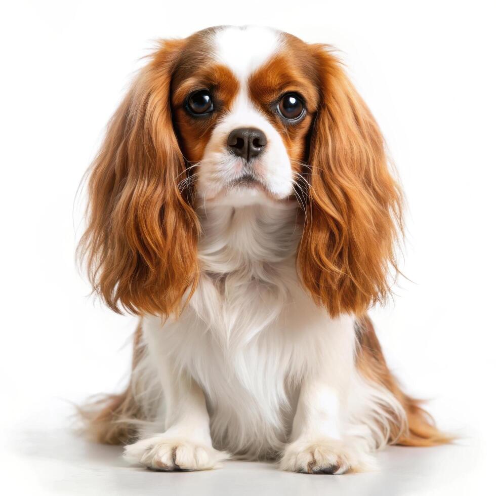 Sweet Cavalier King Charles Spaniel Sitting Against a Pure White Background photo