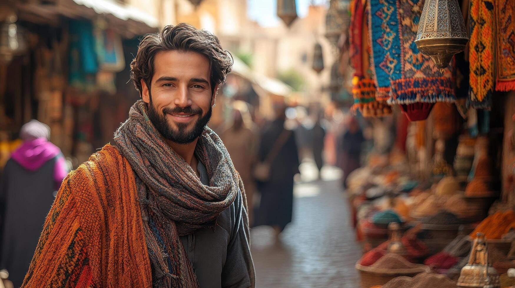 A man with a beard and scarf standing in a market photo