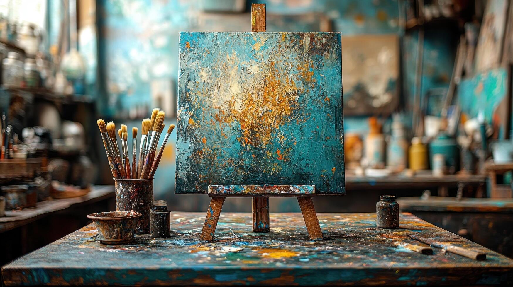 An easel with paint brushes and paint on it photo