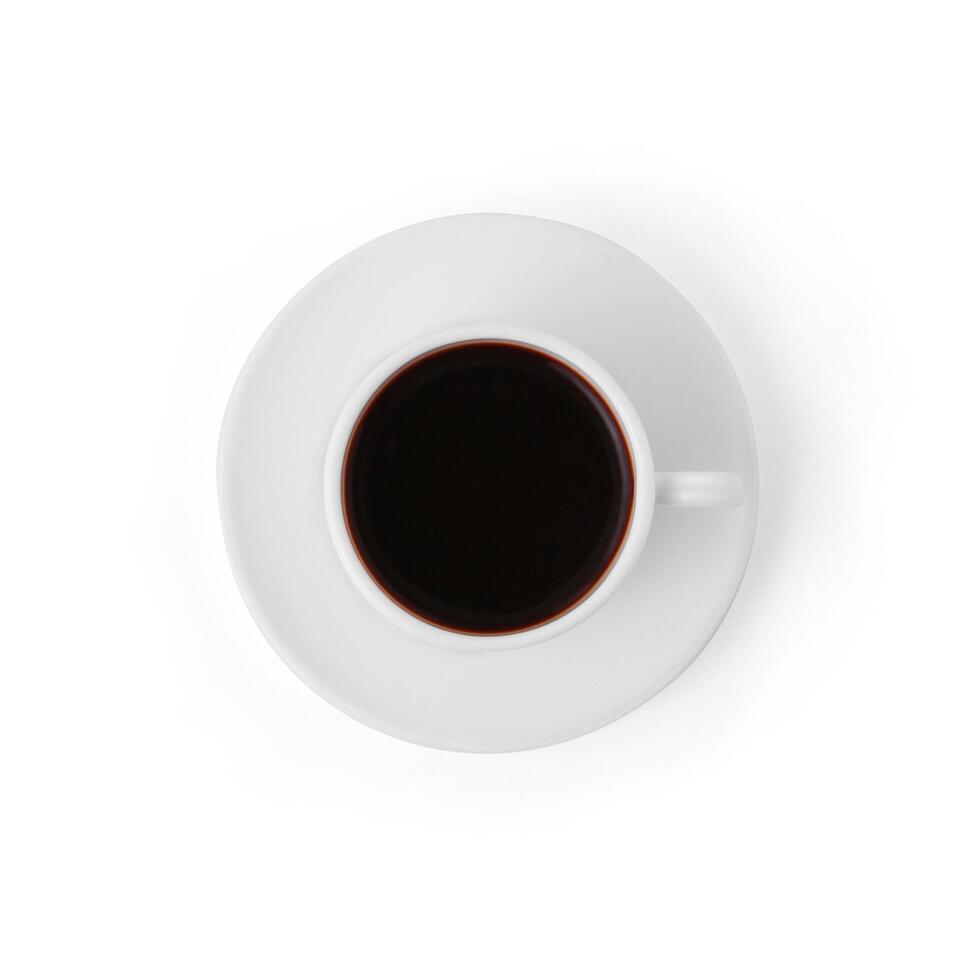 top view of delicious cup of coffee on a saucer on a white background photo