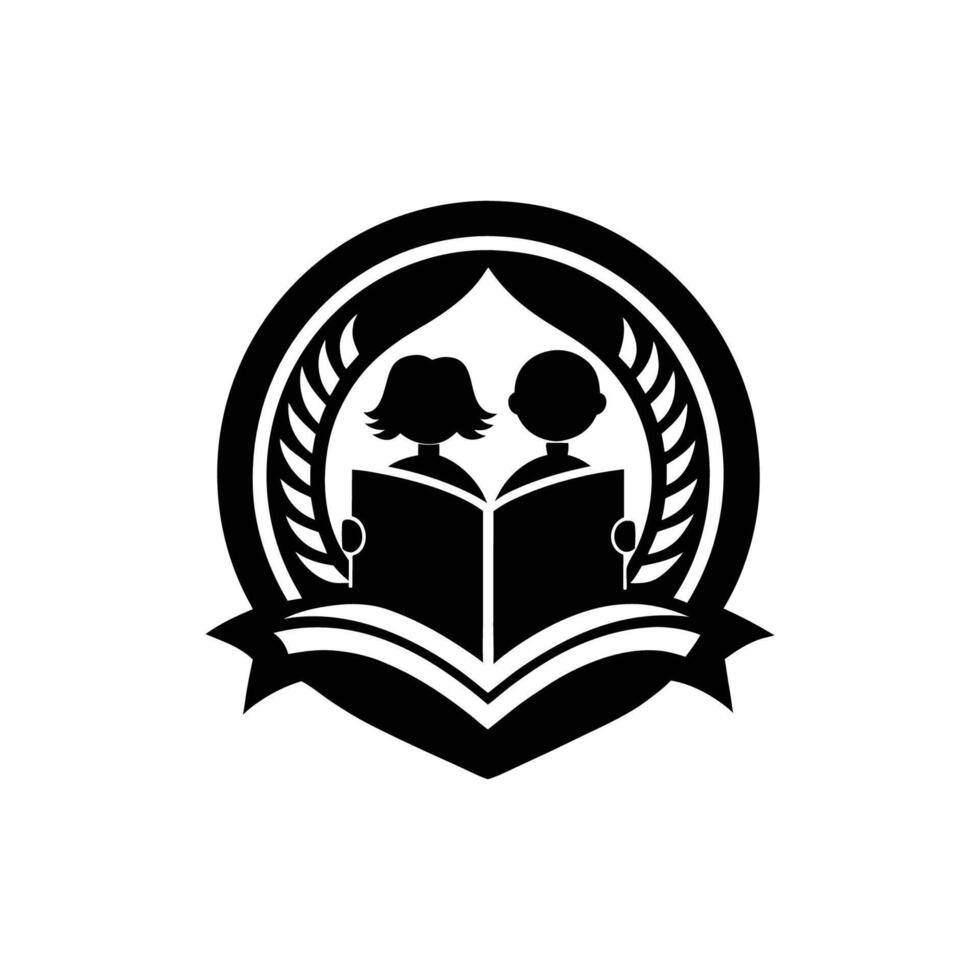 A black and white logo of a book and two children vector