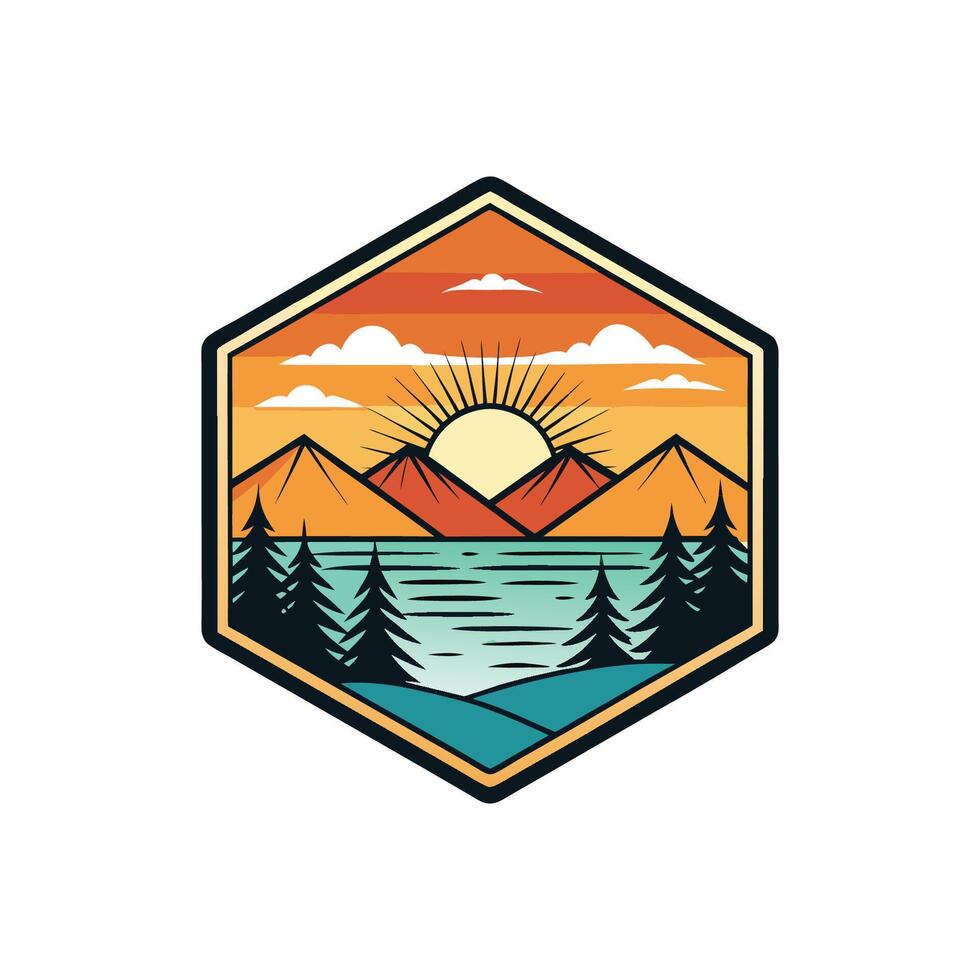 A mountain landscape with trees and a sunset vector