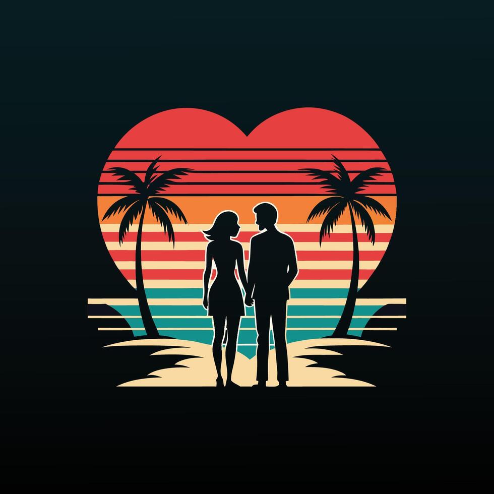 A couple on the beach with palm trees and a heart vector