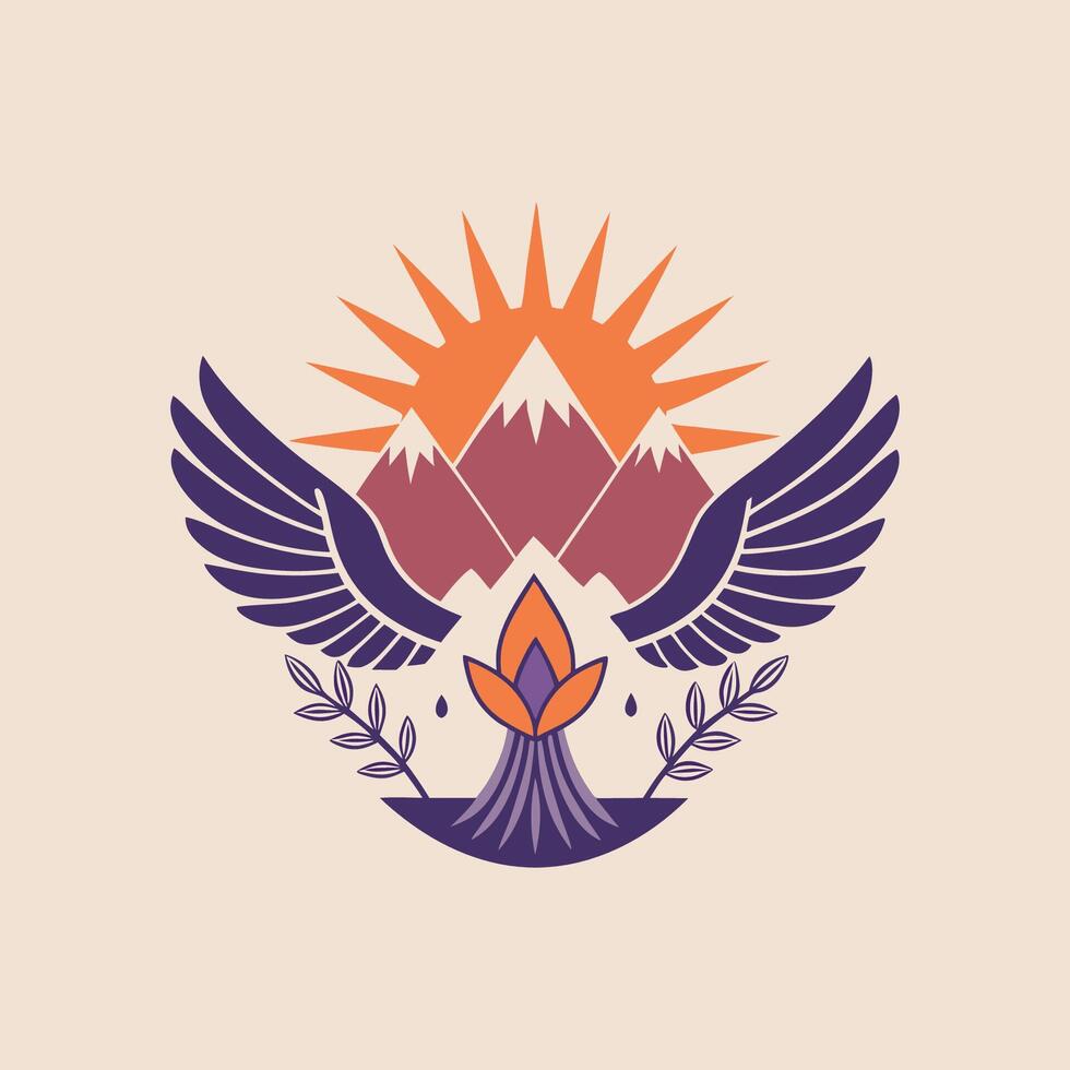 A logo for a mountain lodge with wings and a sun vector