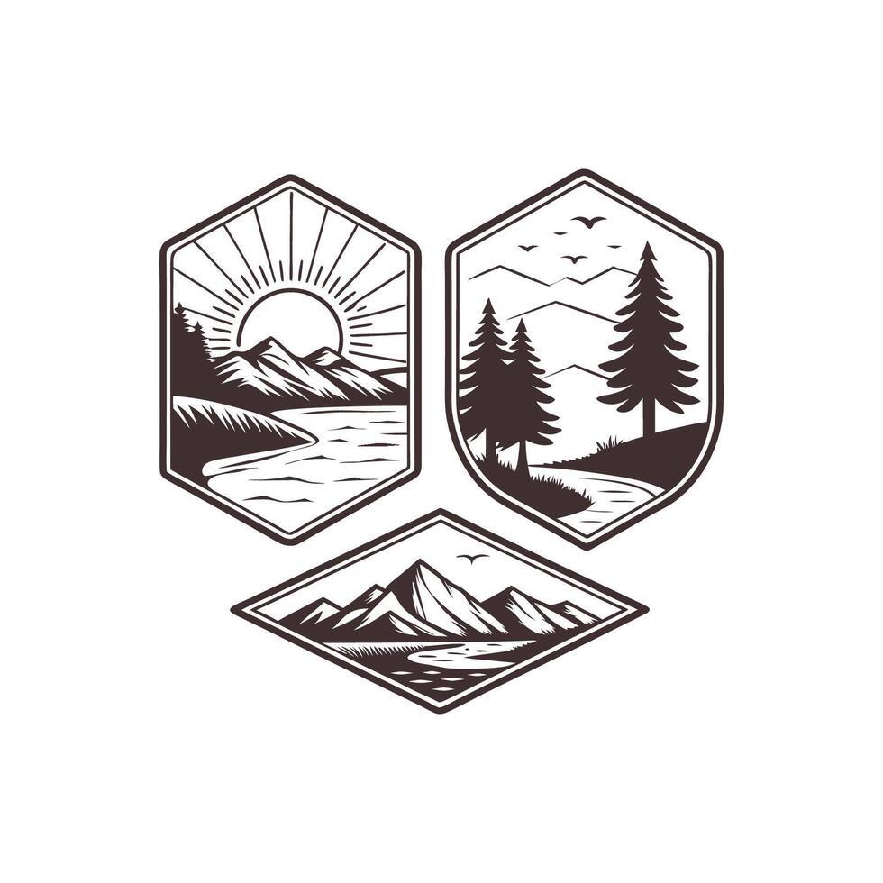 Three badges with mountains, trees and sun vector