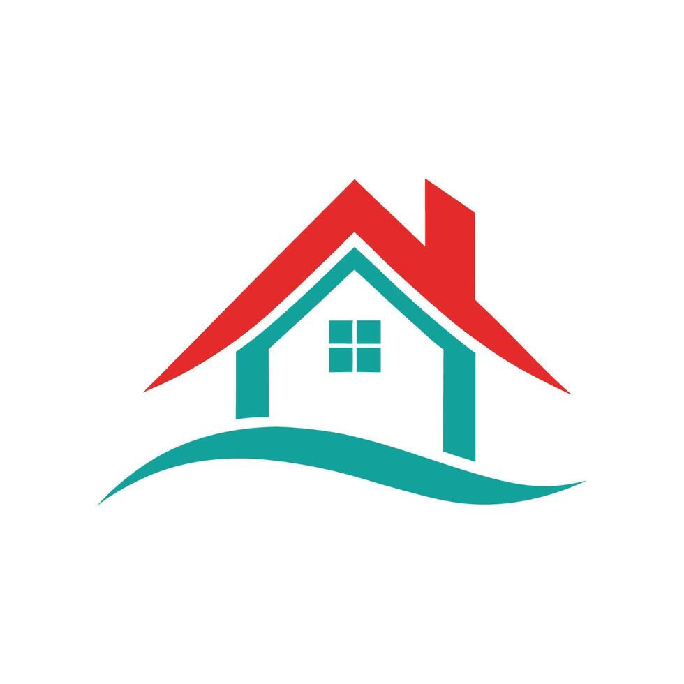 A house logo with a red roof and green waves vector