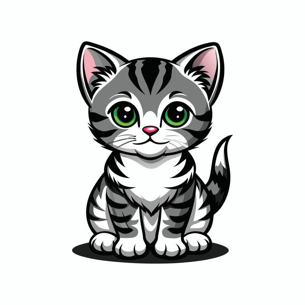 A cartoon gray and white kitten with green eyes vector
