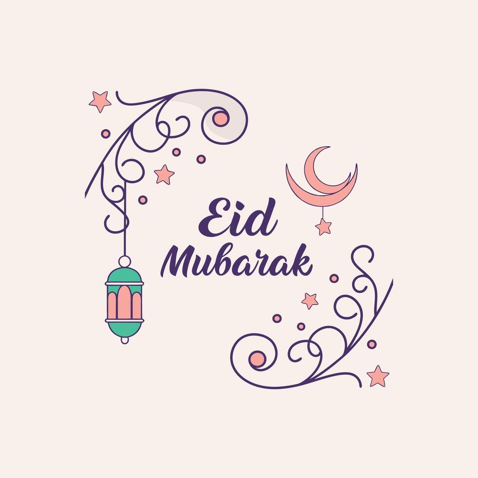 Eid mubarak greeting card with lantern and stars vector