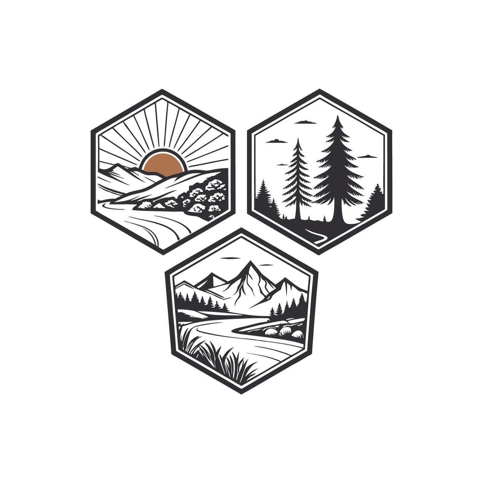 Three different logos for a company with mountains, trees and sun vector