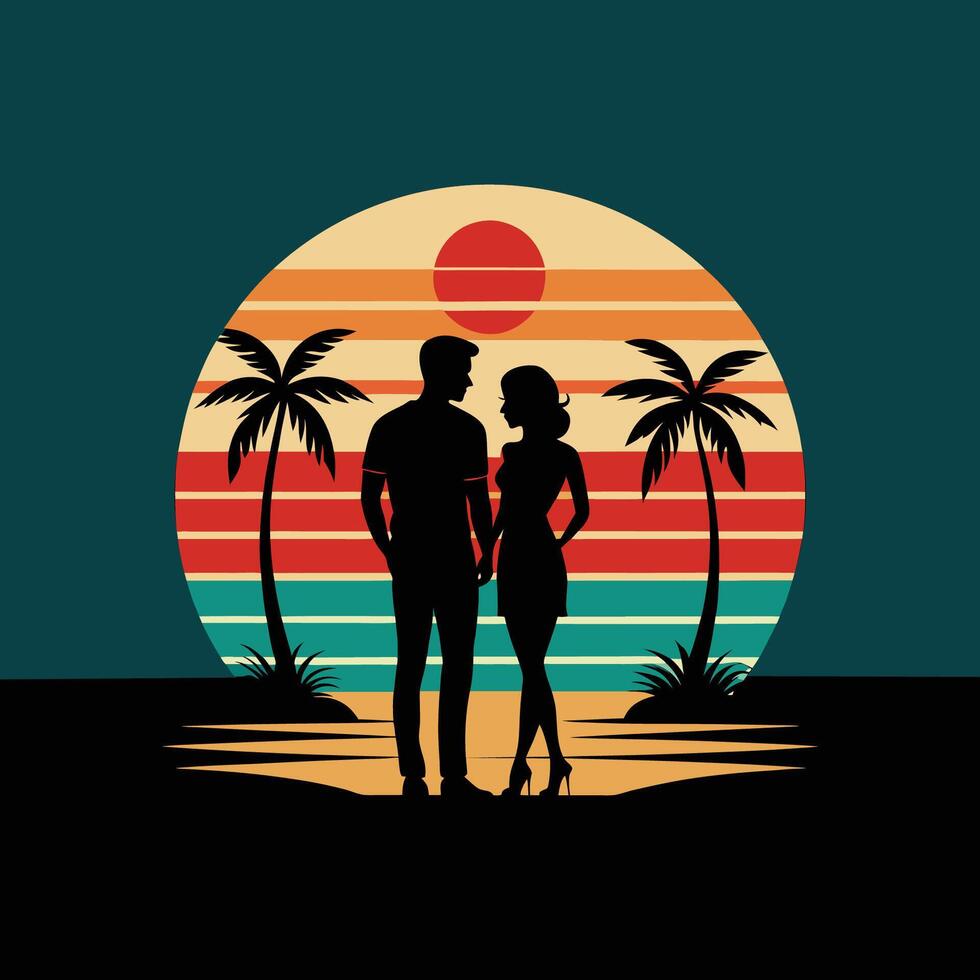 A couple standing on the beach with palm trees in the background vector