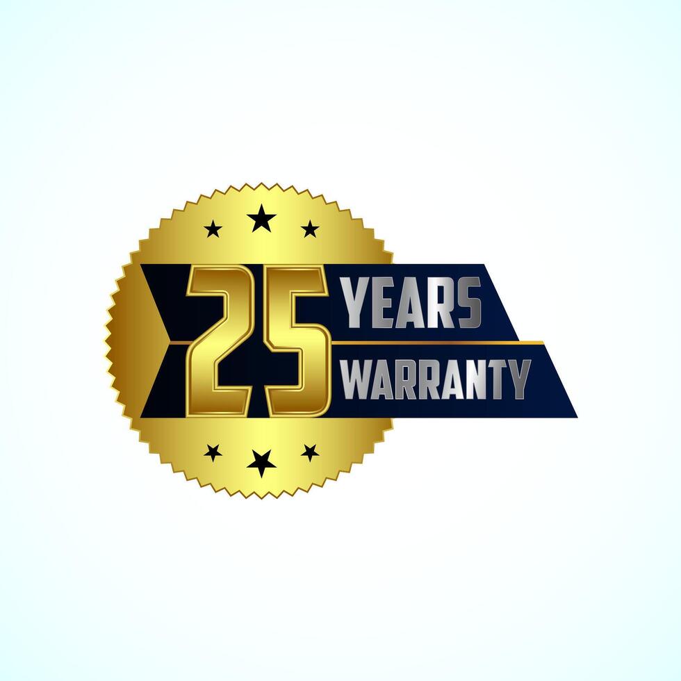 Advertising 25 years warranty silver and gold color emblem for label, icon, logo, badge, symbol vector