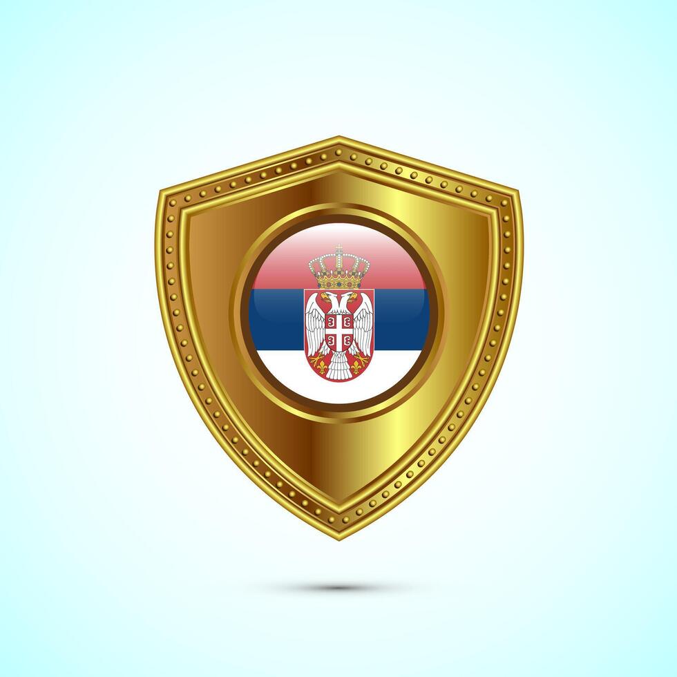 Rounded flag of Serbia with glossy gold shield vector