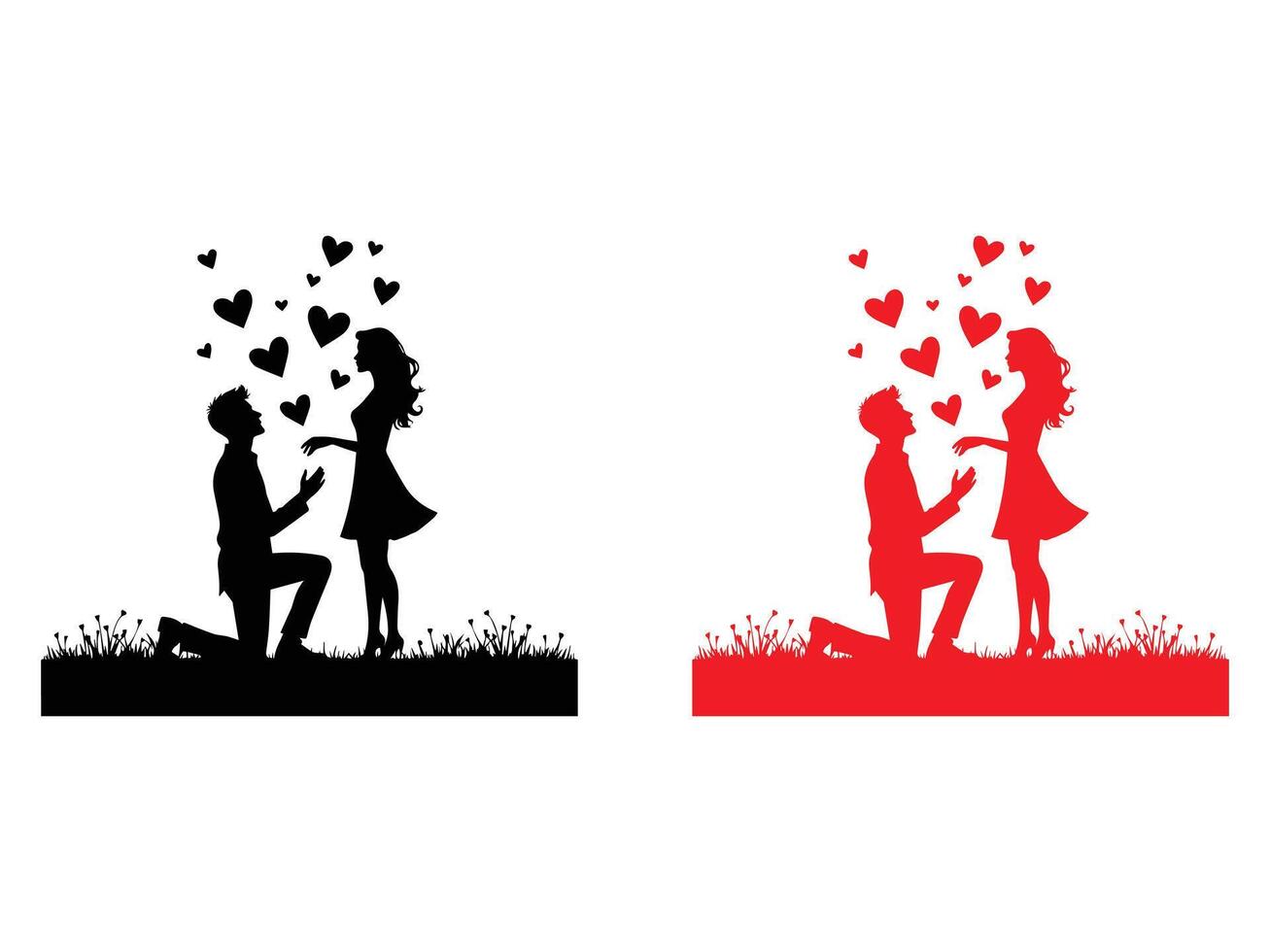 Romantic Silhouette of Couple on Knees During Proposal. vector