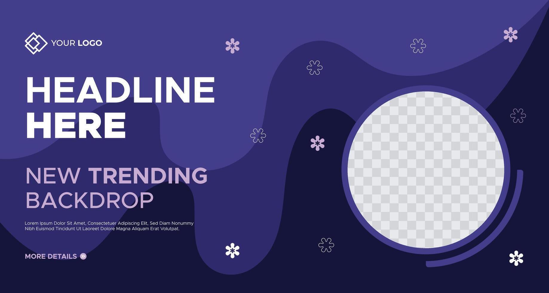 Bold purple business banner with circular accents and fluid shapes, customizable text areas, perfect for professional branding, advertising, and social media marketing vector