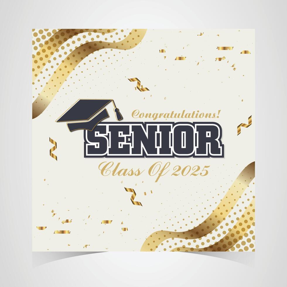 Stylish senior class of 2025 design with a white and gold theme, featuring a graduation cap and ribbon elements to celebrate academic achievements in elegance vector
