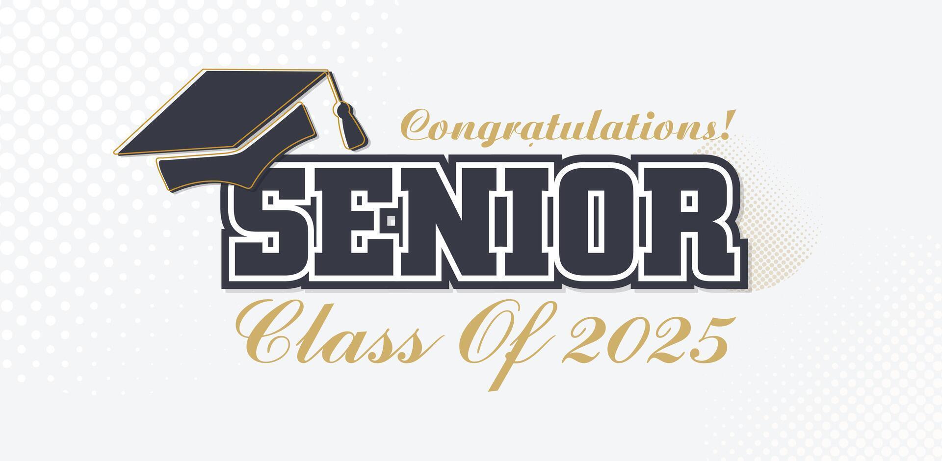 Modern senior class of 2025 design in white and gold, featuring bold typography, a black graduation cap, and an elegant style to celebrate graduates' achievements vector
