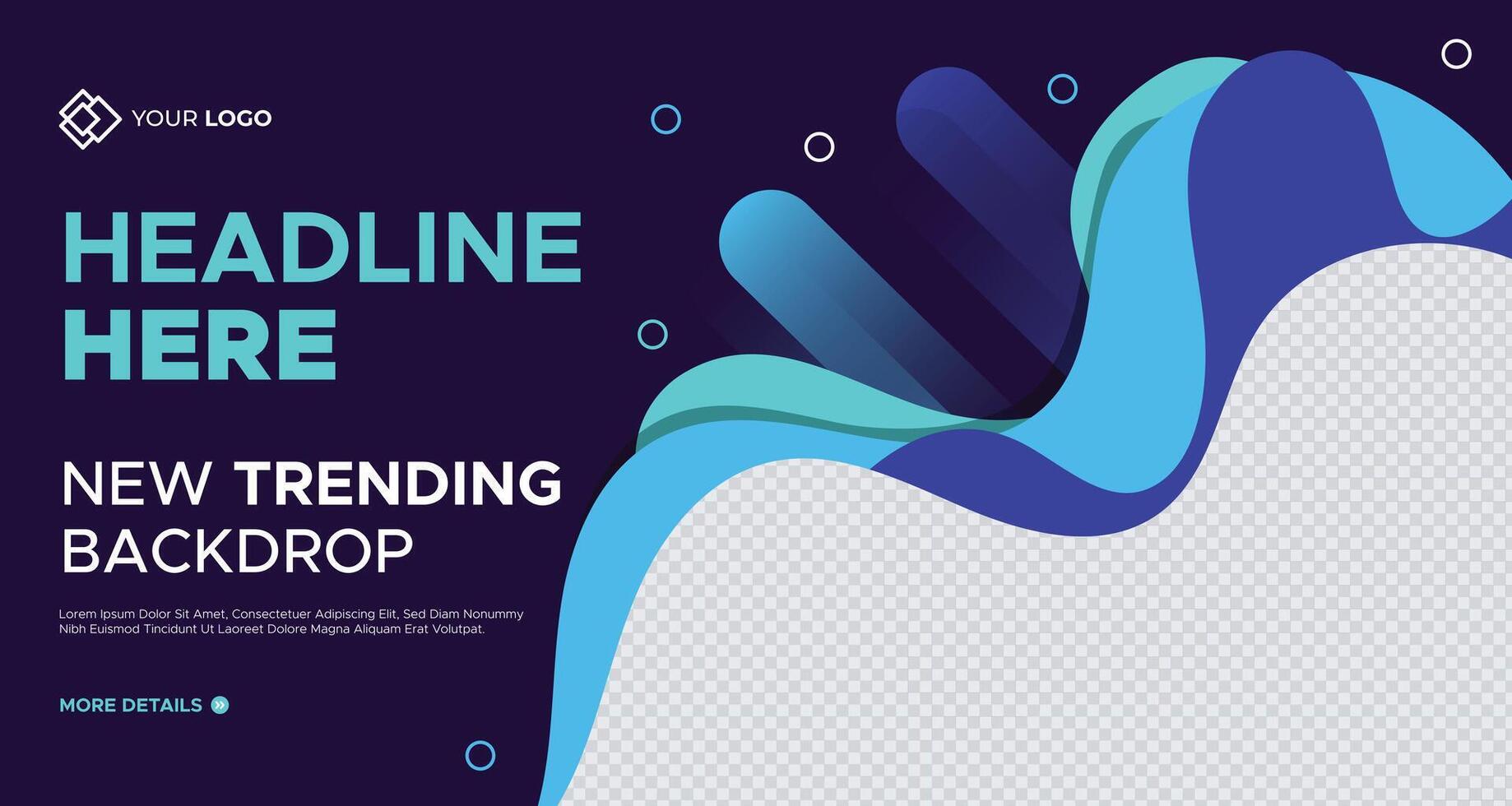 Modern dark business banner with fluid blue and teal shapes, customizable placeholders, and a sleek layout, ideal for professional branding and marketing campaigns vector