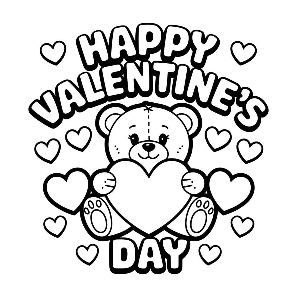 Happy Valentine's Day Coloring Page Cute Teddy Bear with Heart and Festive Text vector