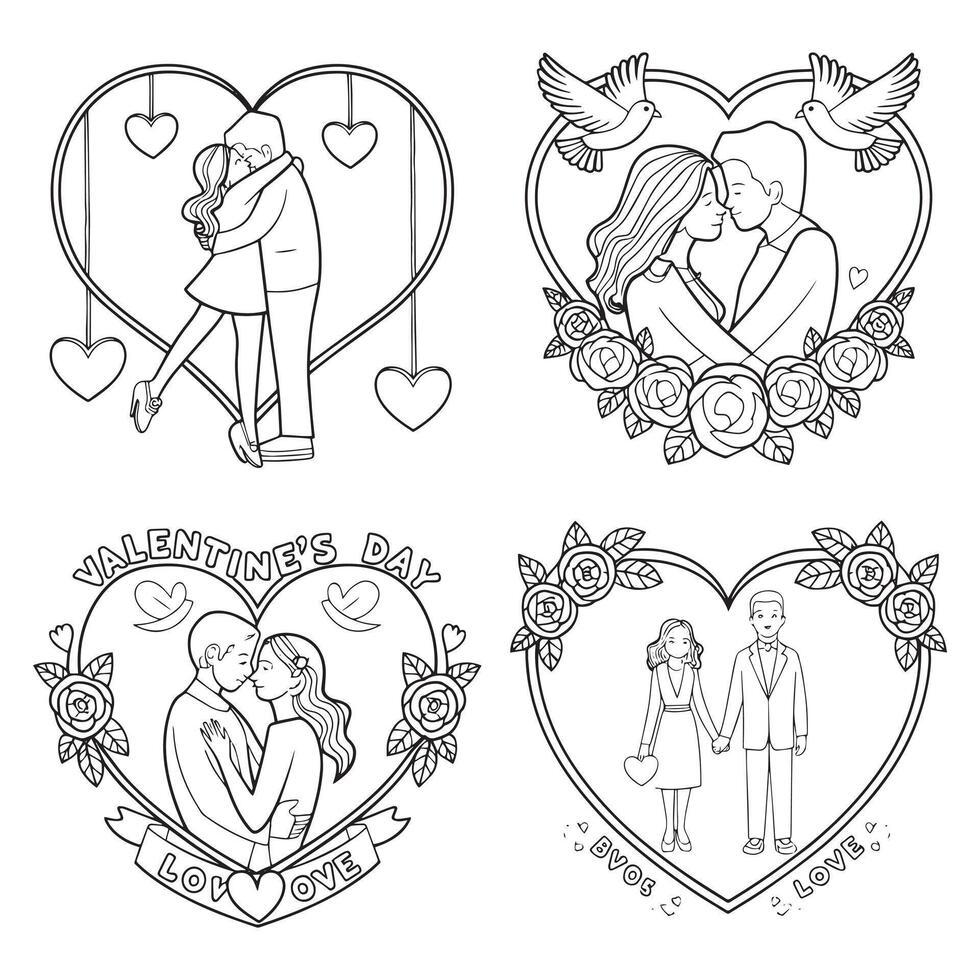 Intricate Valentine's Day Coloring Page Four Romantic Couple Illustrations for Color Enthusiasts vector