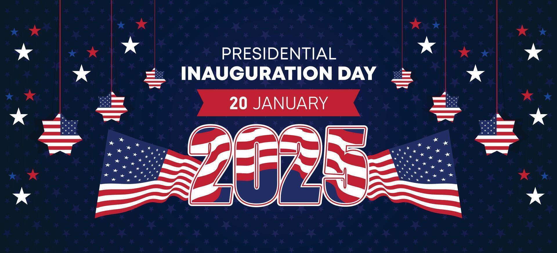 Presidential inauguration day background featuring bold blue, red, and white flag elements with decorative 2025 design, ideal for patriotic and national celebration visuals vector