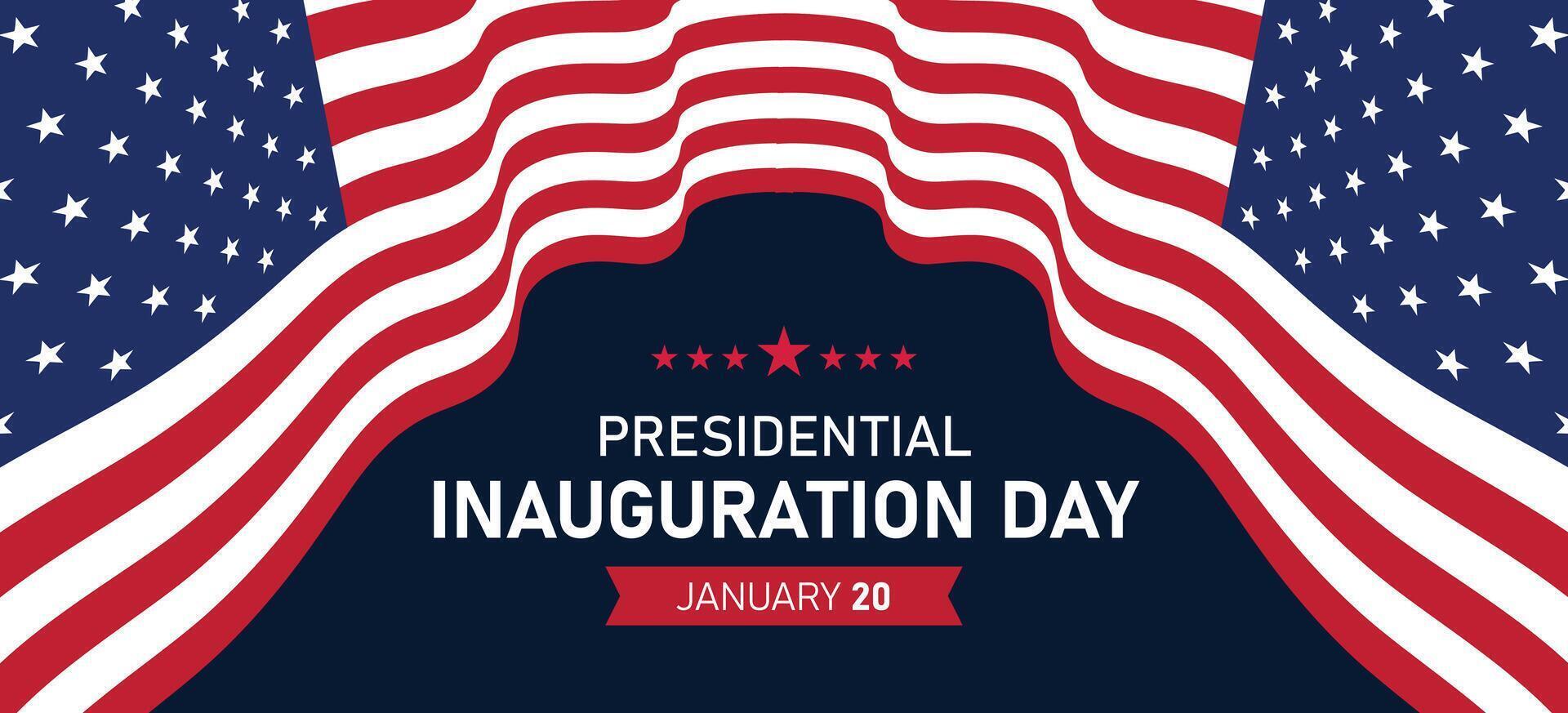 Presidential inauguration day banner with bold USA flag waves, blue background, and star accents for patriotic event themes vector