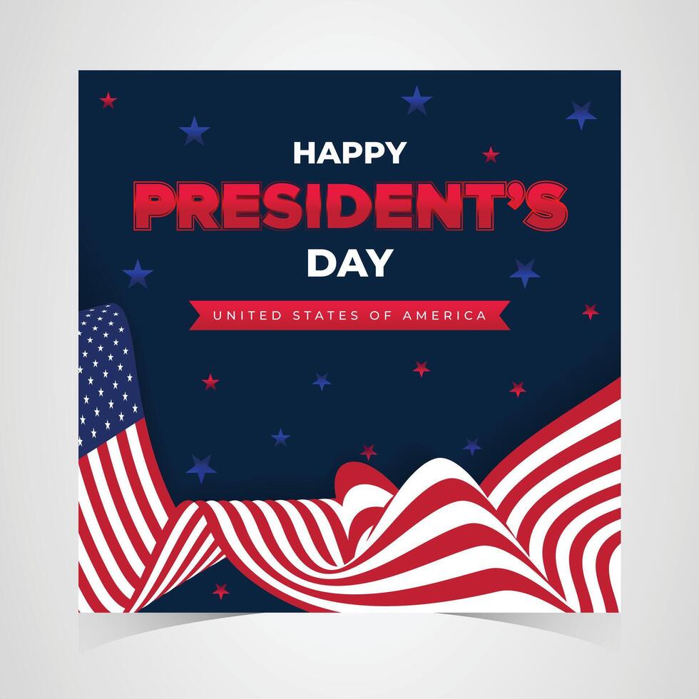 Happy presidents day banner with bold red and white flag waves, blue background, and decorative star accents in a patriotic design vector