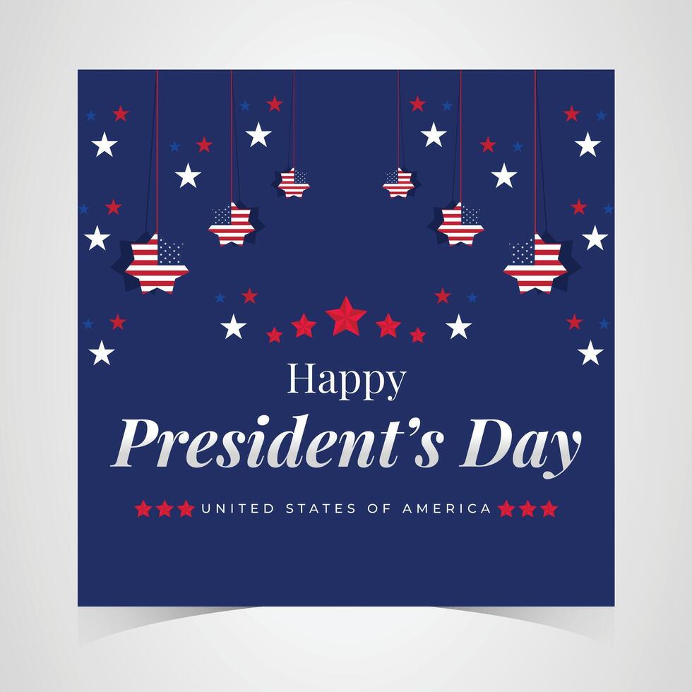 Happy presidents day banner with bold red and white wave patterns, blue background, and star accents for a patriotic celebration vector