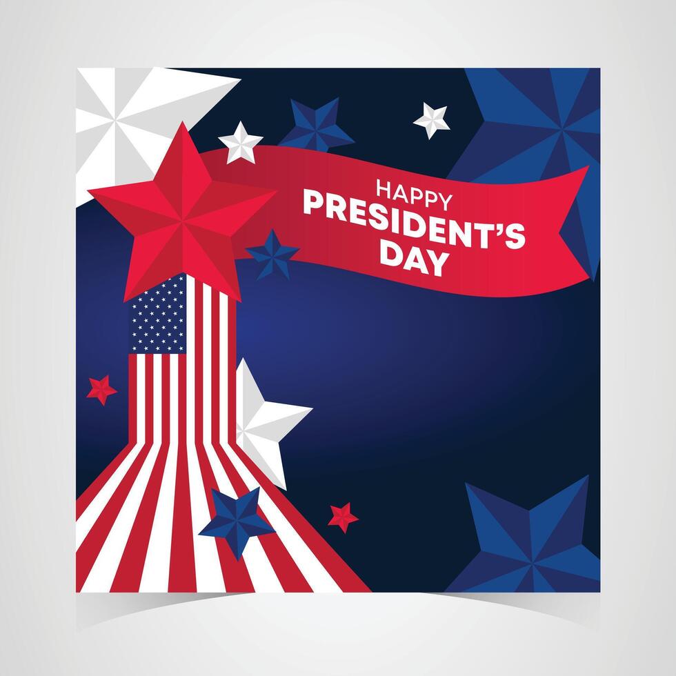 Presidents day banner featuring bold red stars, abstract flag patterns, and a dark blue background for a patriotic celebration vector