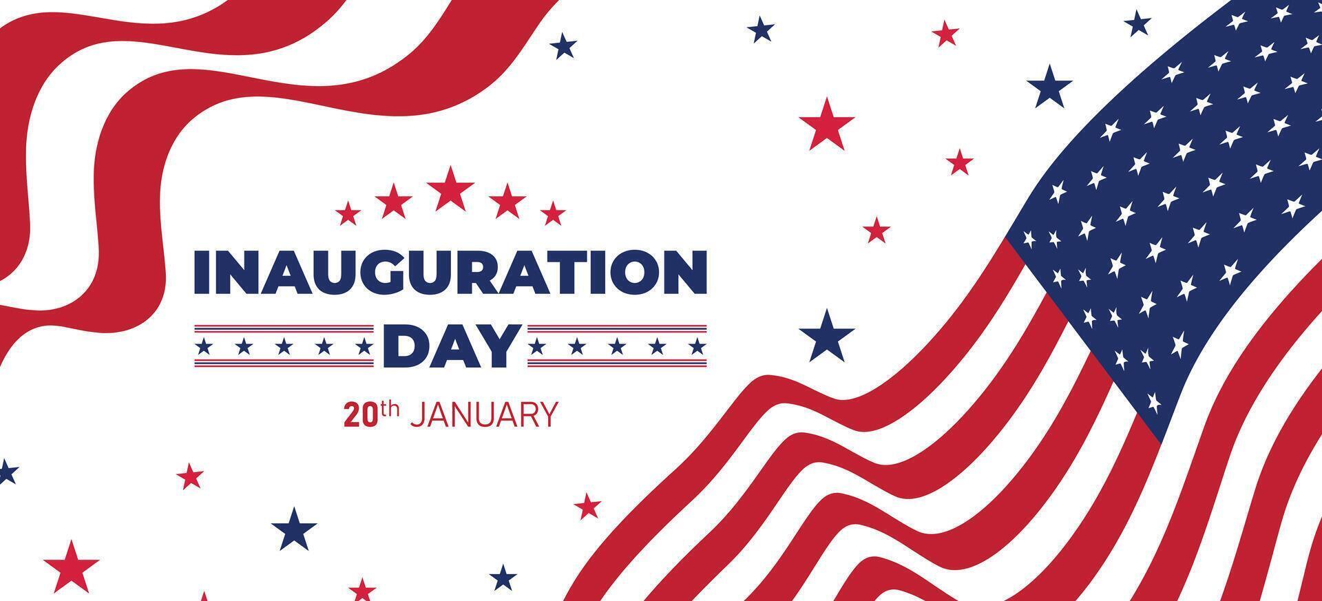 Presidential inauguration day banner with USA flag patterns, red and white decorative wave lines, and scattered stars on a clean background vector