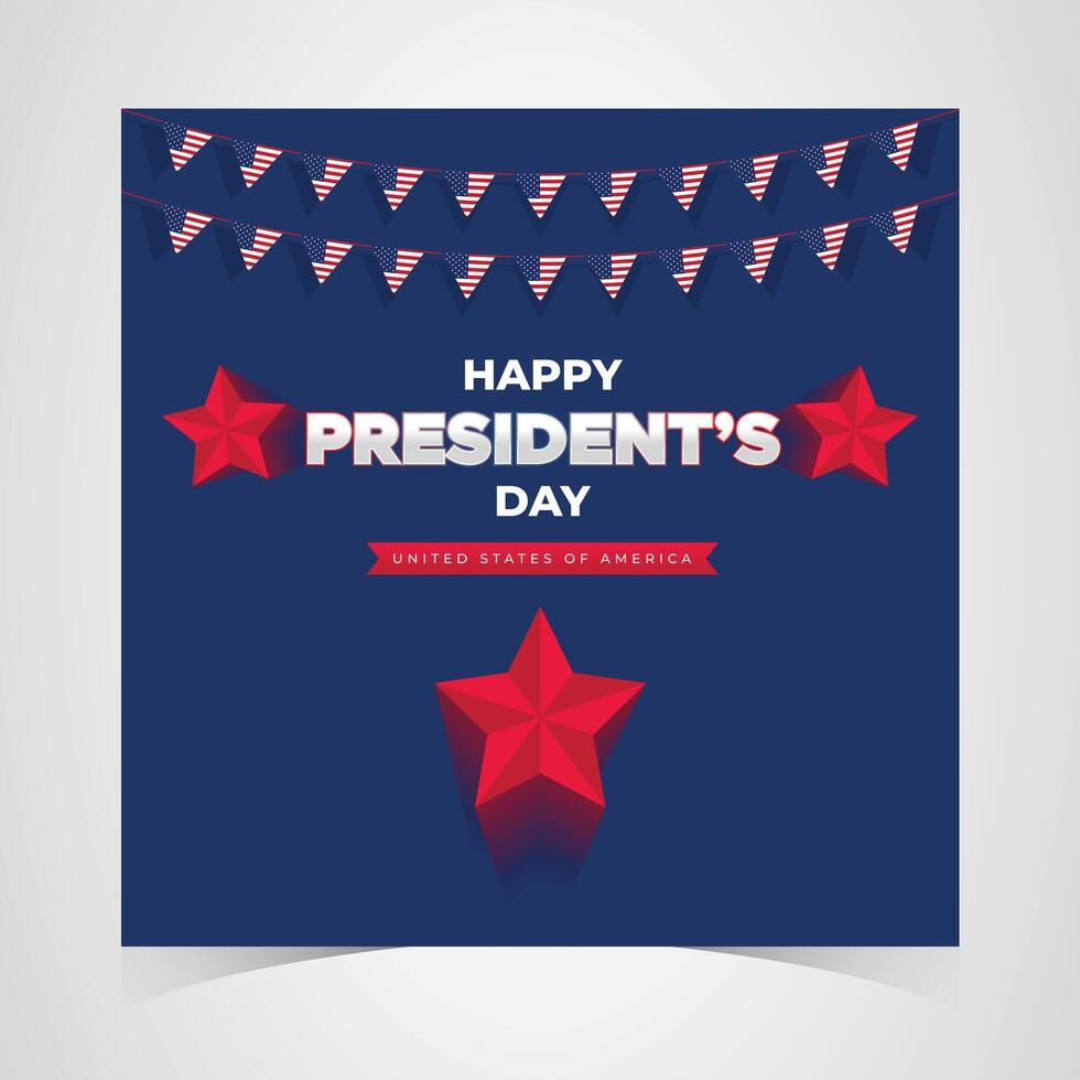 Presidents day banner with red bunting, bold star accents, and a dark blue background for a festive patriotic celebration vector