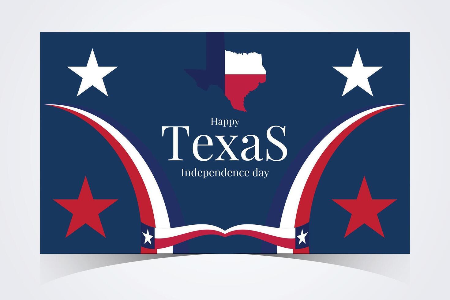 Texas Independence Day banner featuring elegant red and white curves, blue background, and bold text with map silhouette and stars vector