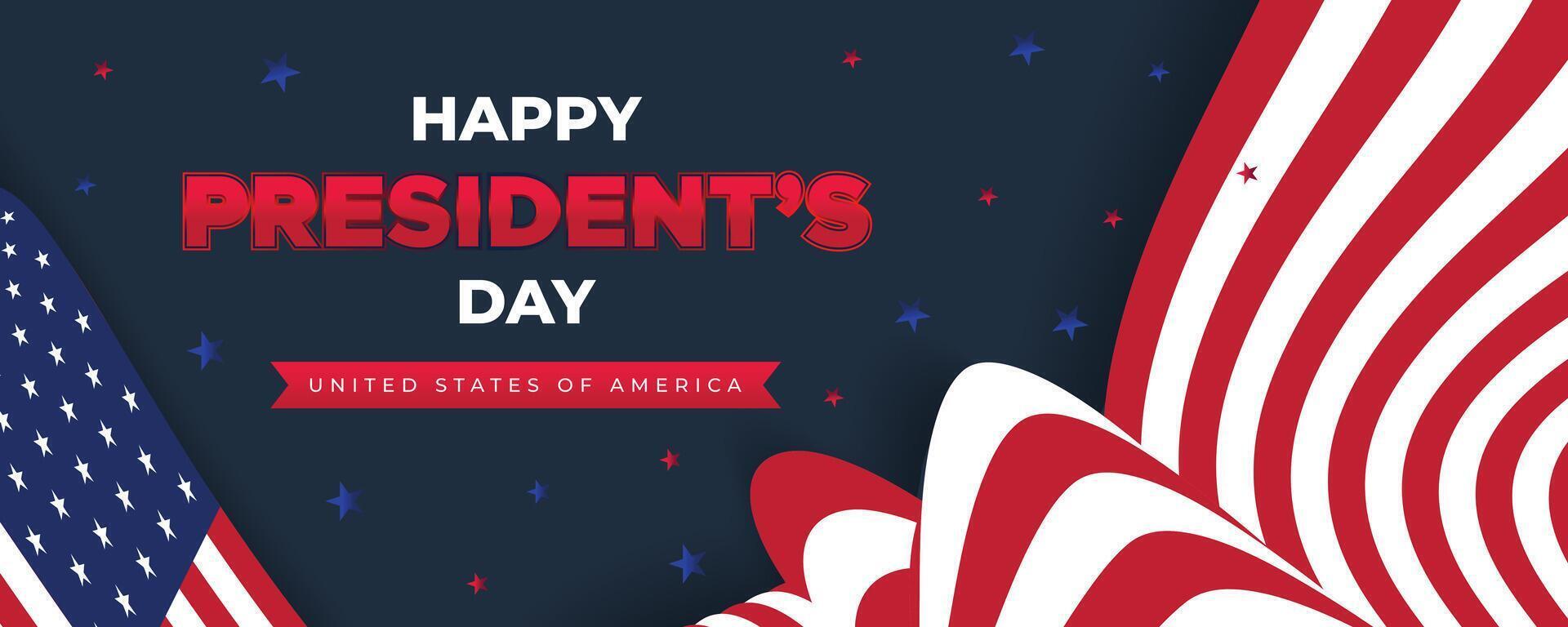 Happy presidents day banner with bold red and white flag waves and starry accents on a blue background vector