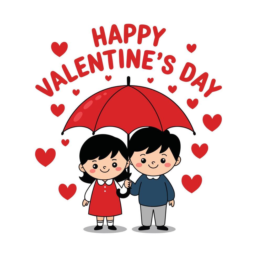 Valentine's Day Romance Cute Couple Under Red Umbrella vector