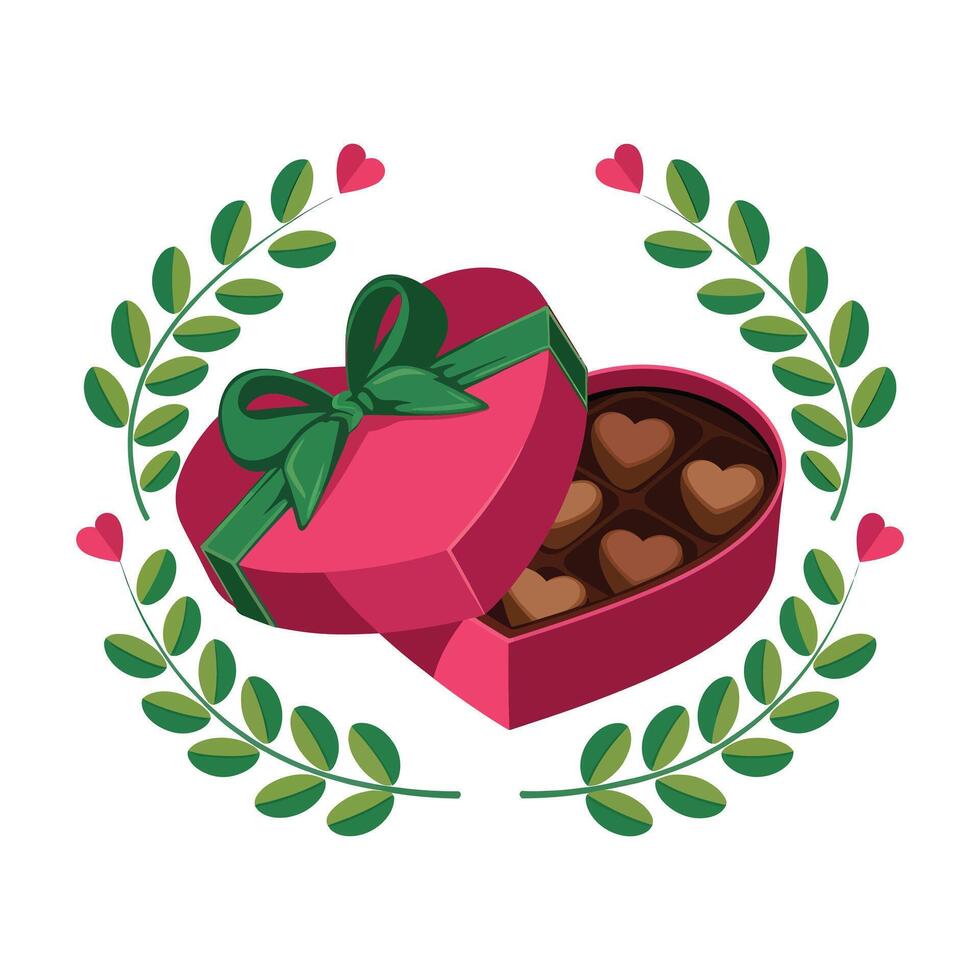 Romantic Festive Gift Box Heart-Shaped with Green Ribbon and Chocolates Inside vector