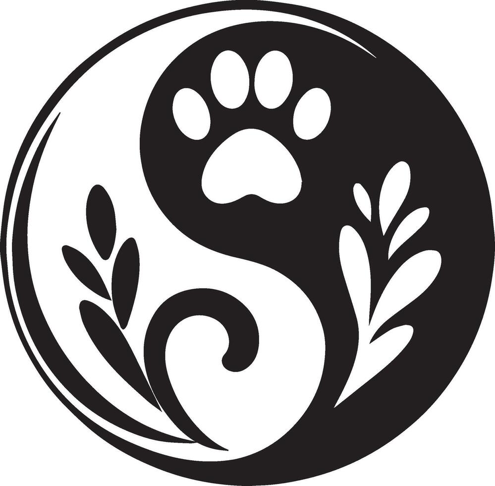 Yin and Yang symbol with a heart and paw print, vector