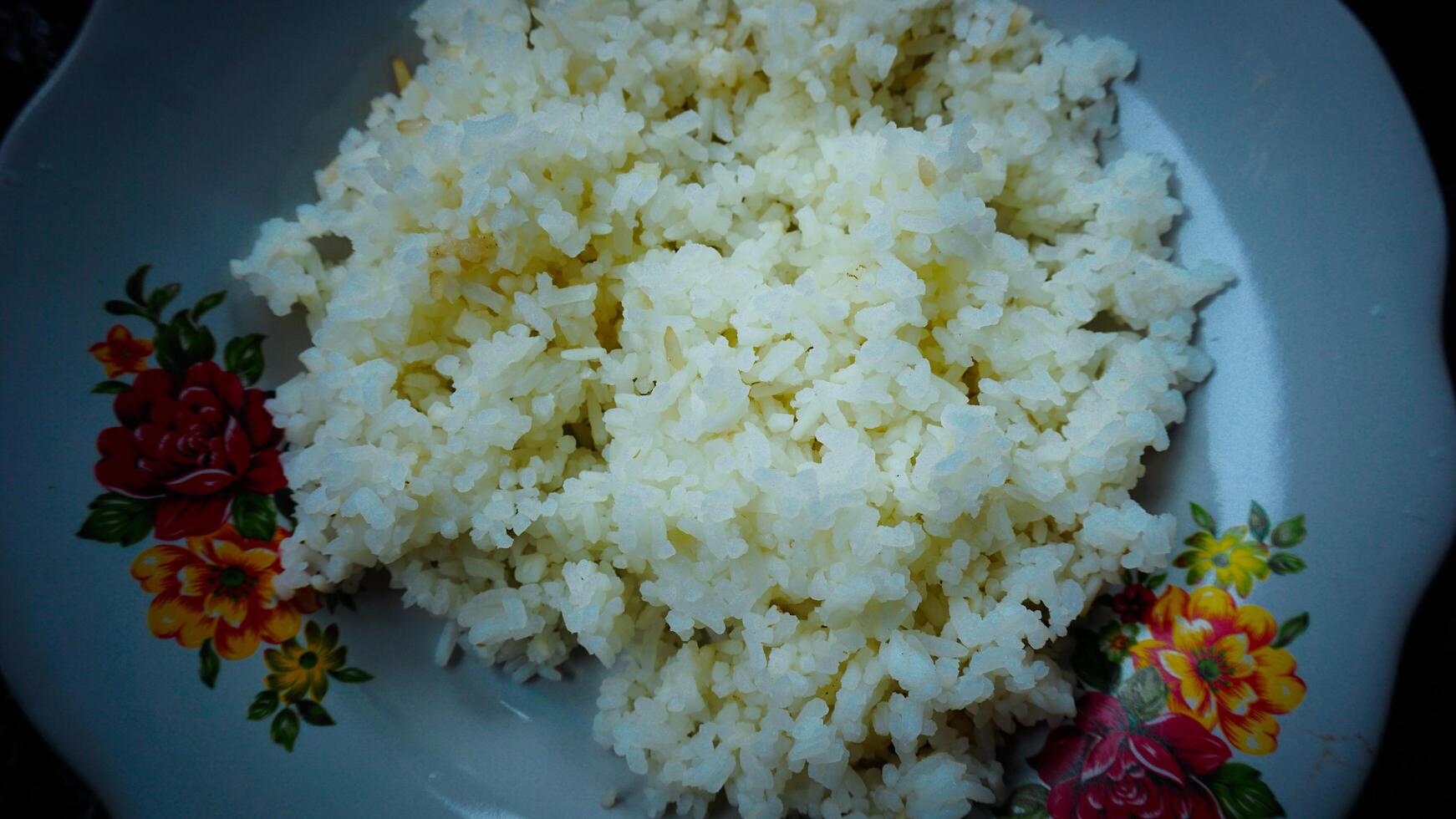 Cooked White Rice on Floral Plate photo