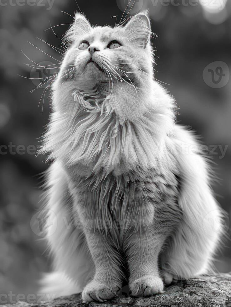 A cat sits on a rock, staring intently up at something off-camera photo