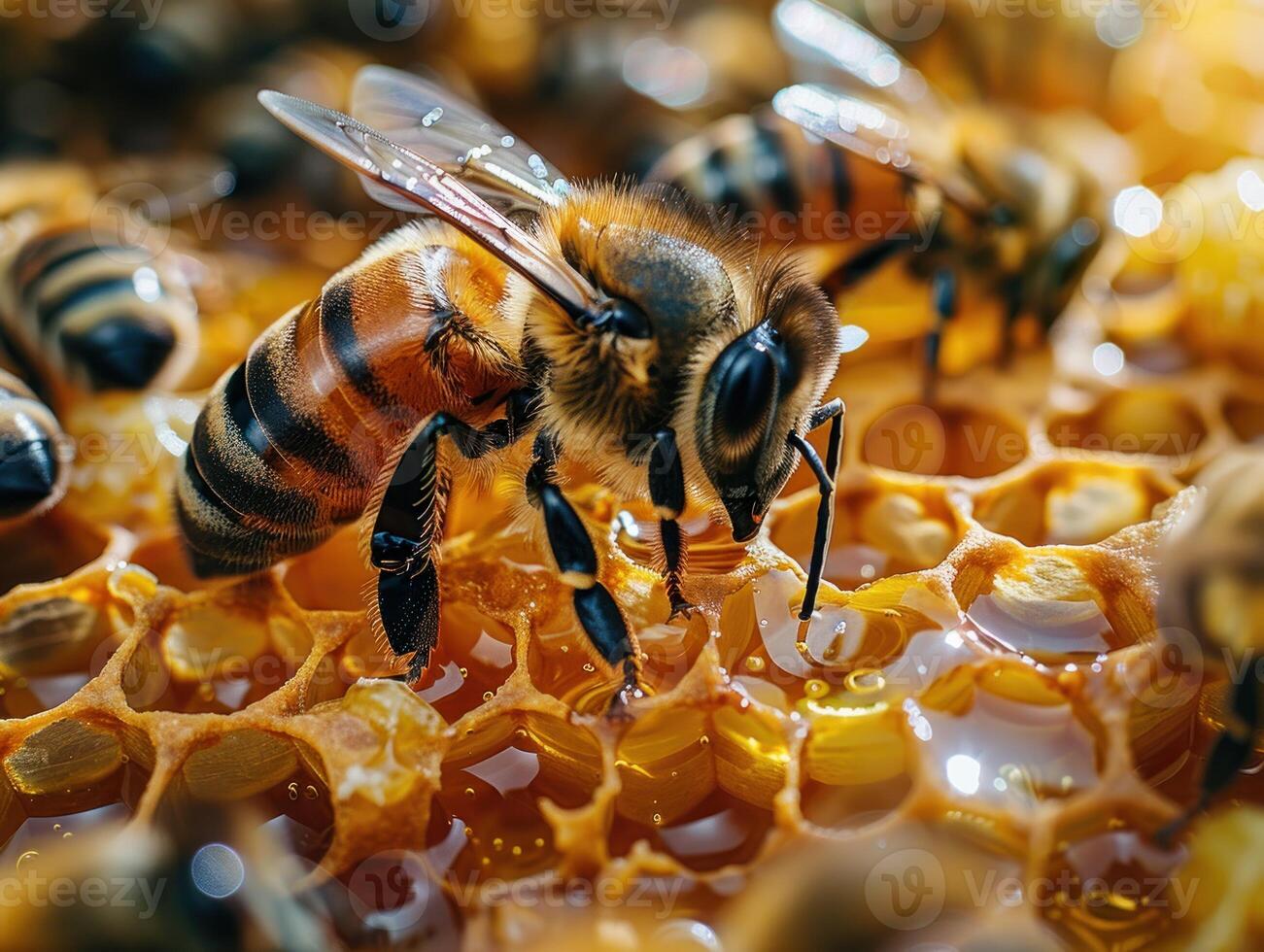 A honeybee collects nectar from a honeycomb, showcasing the intricate details of the hive photo