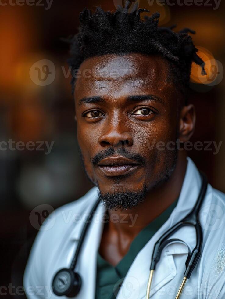 A close-up portrait of a Black male doctor photo