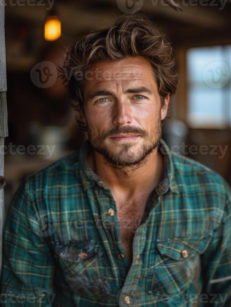 A portrait of a man in a plaid shirt, with a contemplative expression photo
