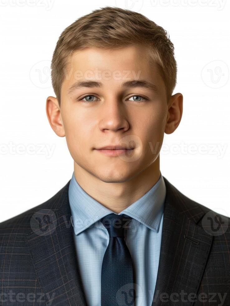 A young man in a suit and tie, with a serious expression, stares directly at the camera photo
