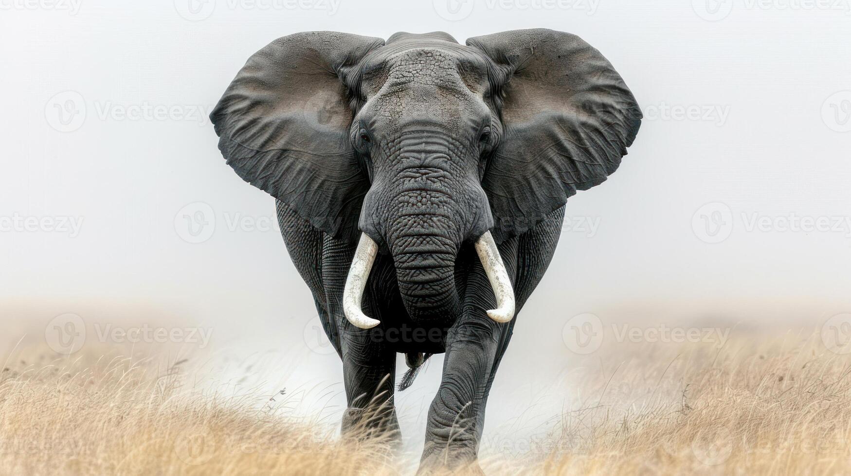 A lone elephant walks through a hazy savannah photo